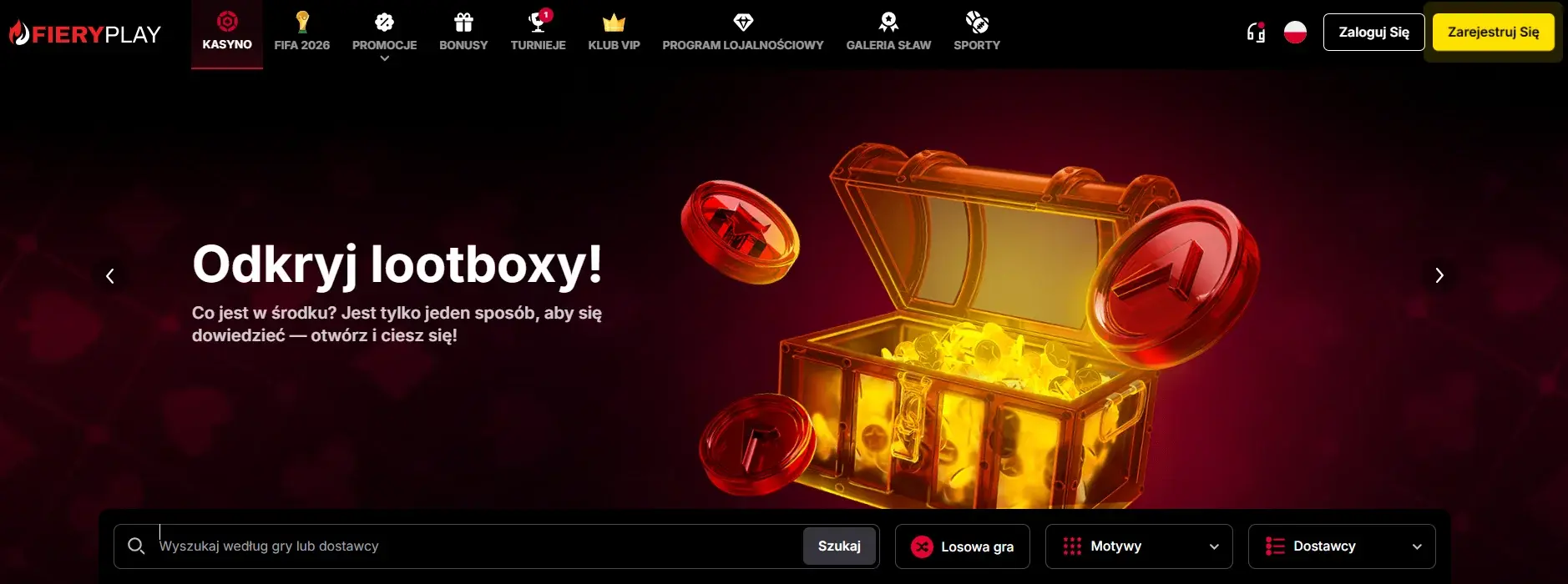 Zrzut ekranu strony głównej Fiery Play Casino