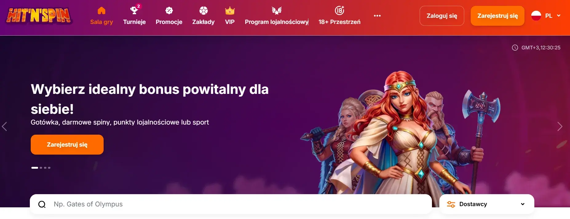 Zrzut ekranu strony głównej HitNSpin Casino