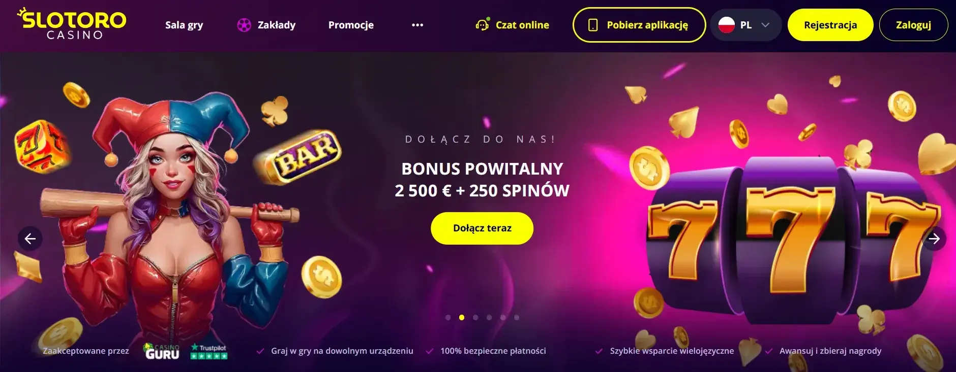 Zrzut ekranu strony głównej Slotoro Casino