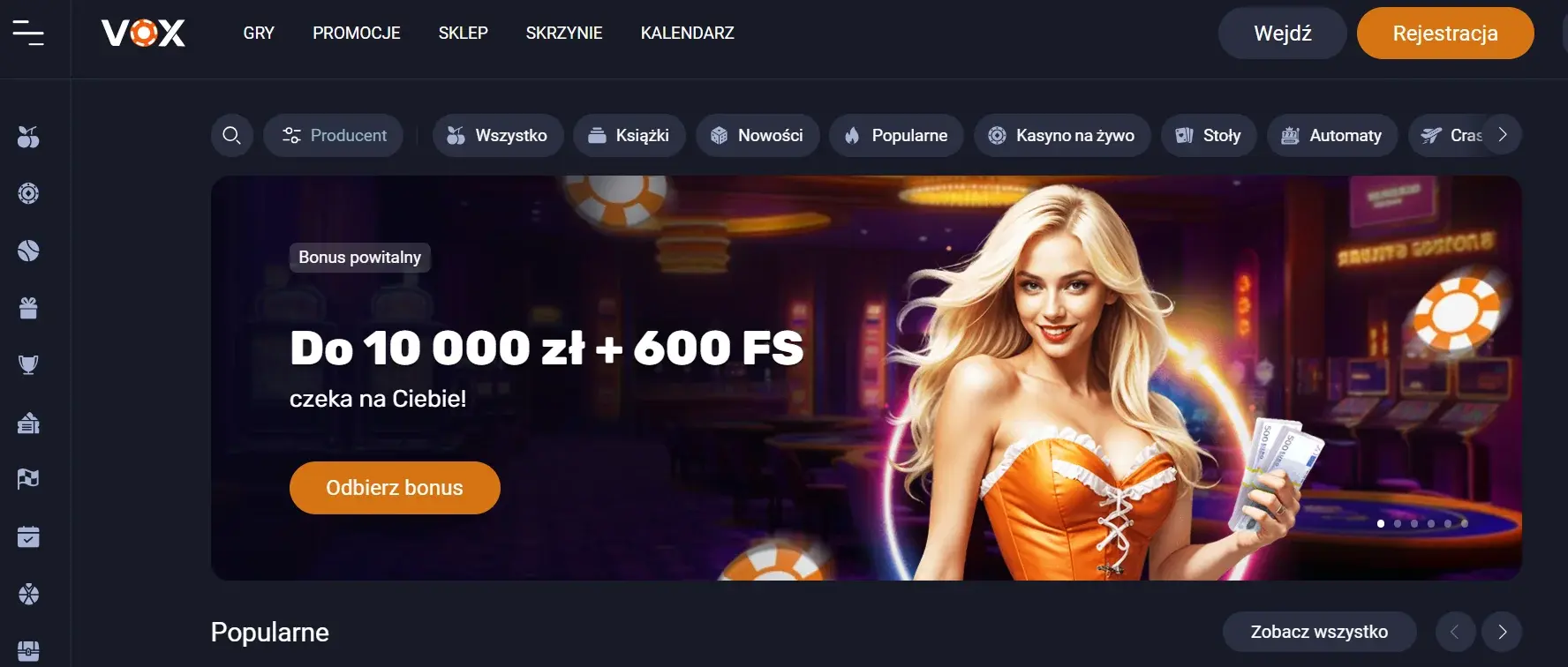 Zrzut ekranu strony głównej VOX Casino